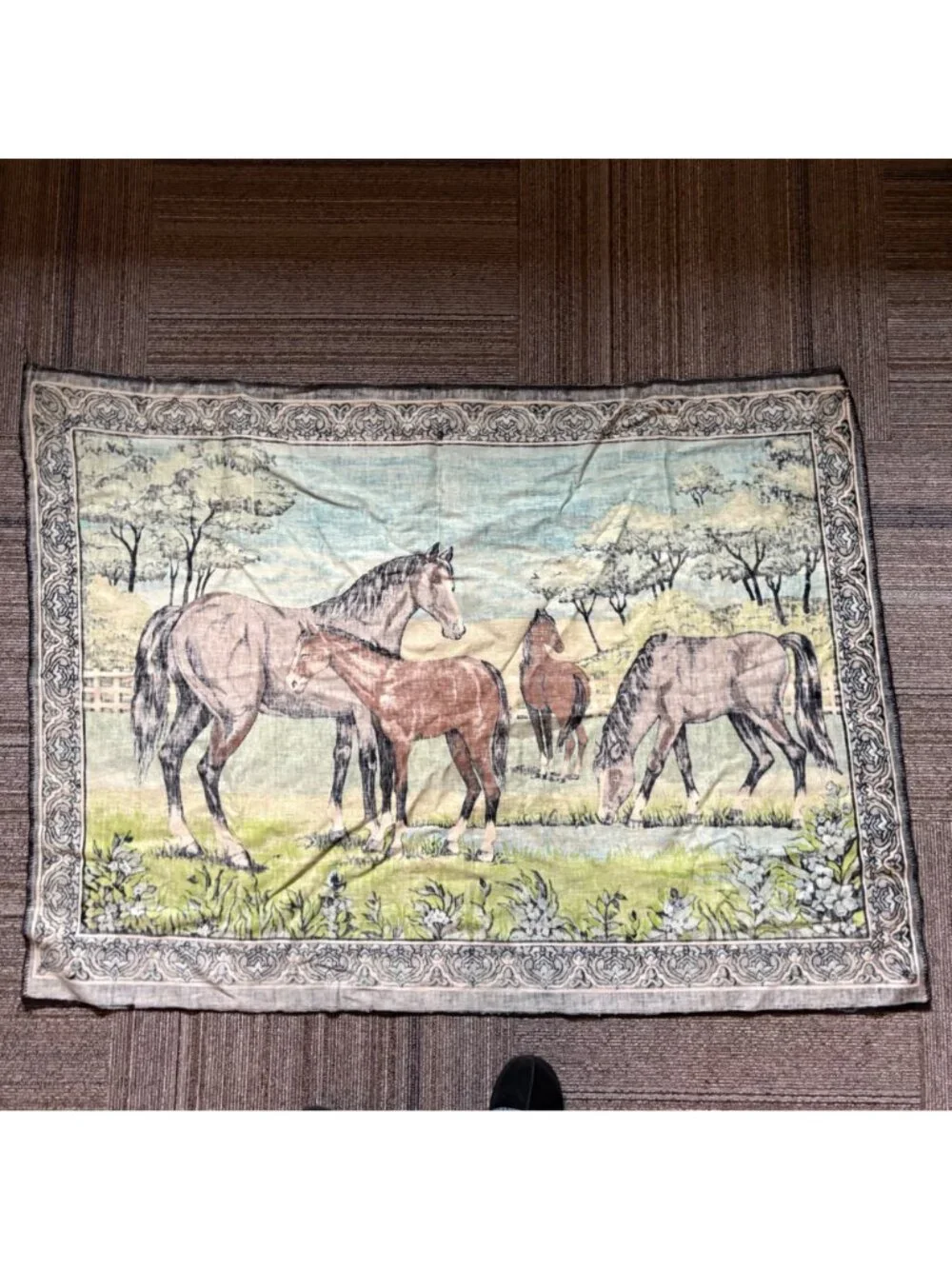 Vintage Horse Tapestry Wall Hanging 40 x 54 Mid Century Rustic Equestrian Decor